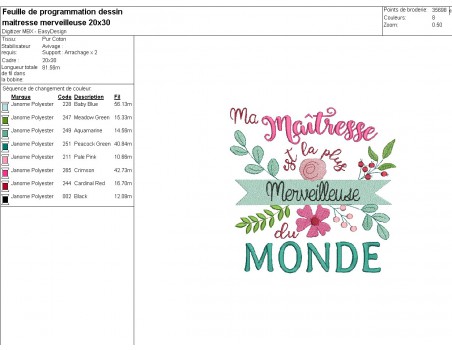 Motif de broderie machine  maîtresse merveilleuse