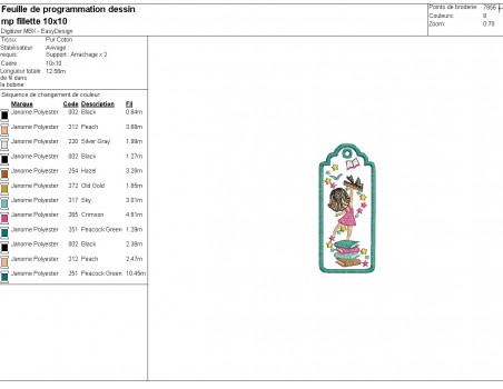 machine  embroidery design ITH girl and book bookmarks