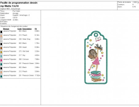 machine  embroidery design ITH girl and book bookmarks