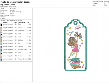 Motif de broderie machine ITH marque page fillette