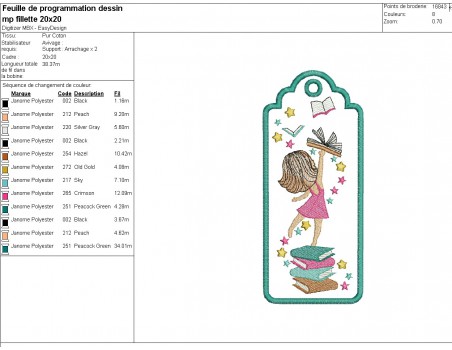 Motif de broderie machine ITH marque page fillette