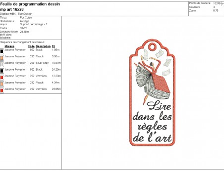 Motif de broderie machine ITH marque page art