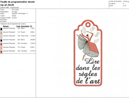 Motif de broderie machine ITH marque page art