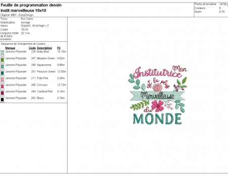 Motif de broderie machine  institutrice  merveilleuse