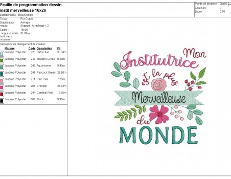 Motif de broderie machine  institutrice  merveilleuse