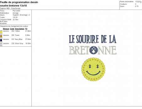 machine embroidery design Breton smile