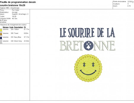 machine embroidery design Breton smile