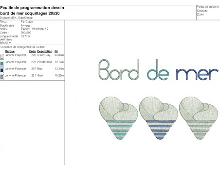 Motif de broderie machine coquillages bord de mer