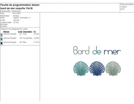 Motif de broderie machine coquilles bord de mer