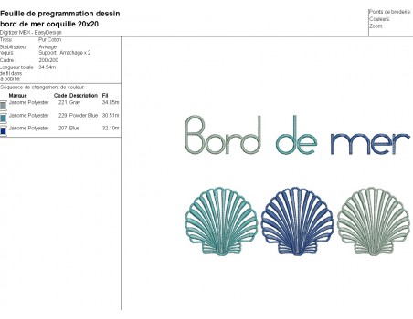 Motif de broderie machine coquilles bord de mer