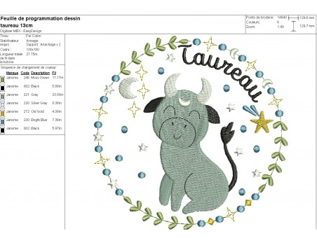 machine embroidery design  taurus zodiac sign