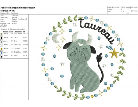 machine embroidery design  taurus zodiac sign