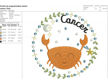 Motif de broderie machine signe astrologique cancer