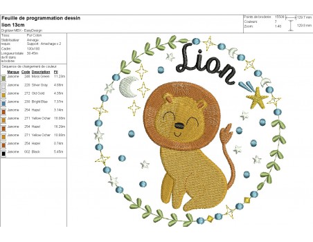 Motif de broderie machine lion signe astrologique