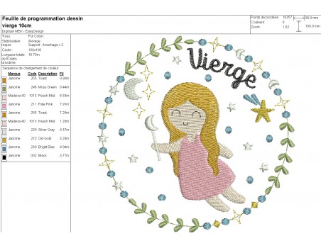 Motif de broderie machine vierge signe astrologique