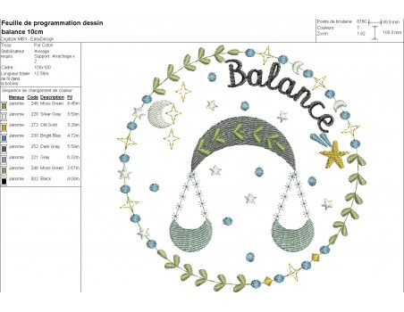 Motif de broderie machine signe astrologique balance