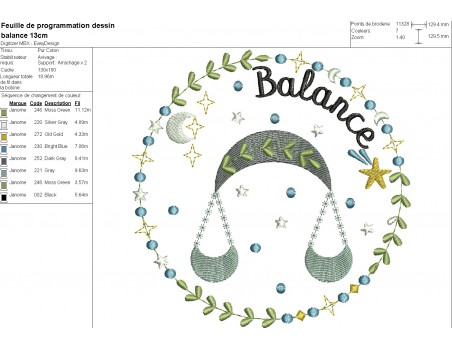 Motif de broderie machine signe astrologique balance