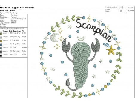 Motif de broderie machine scorpion signe astrologique