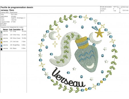 Motif de broderie machine signe astrologique verseau