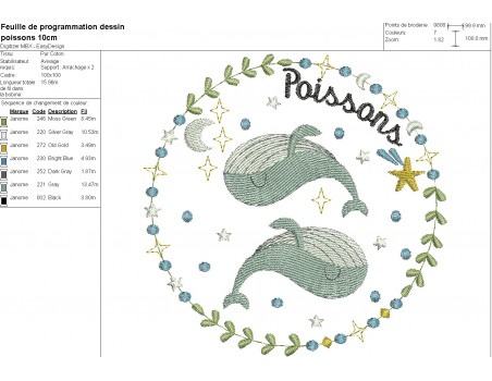 Motif de broderie machine poissons signe astrologique