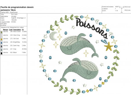 Motif de broderie machine poissons signe astrologique