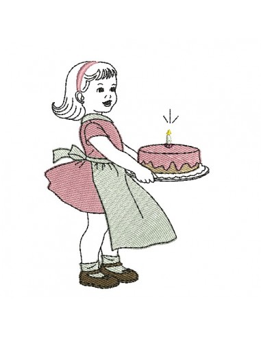 machine embroidery design vintage girl with birthday cake