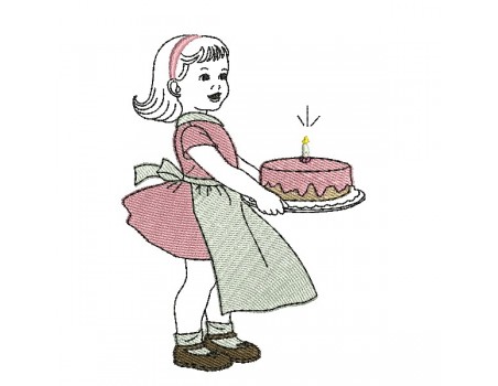 machine embroidery design vintage girl with birthday cake