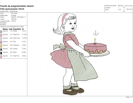 machine embroidery design vintage girl with birthday cake