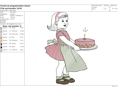 machine embroidery design vintage girl with birthday cake