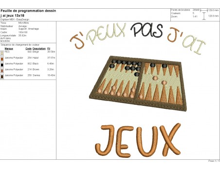 Motif de broderie machine  j'peux pas j'ai jeux