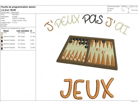 Motif de broderie machine  j'peux pas j'ai jeux