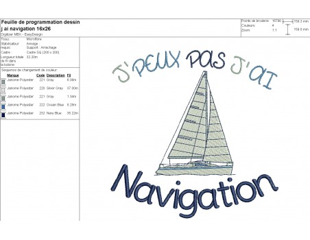 Motif de broderie machine  j'peux pas j'ai navigation