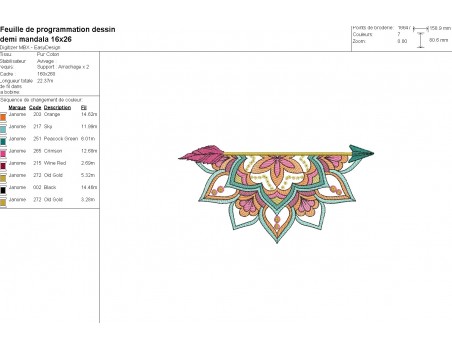 Motif de broderie machine  demi mandala flèche