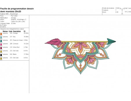 Motif de broderie machine  demi mandala flèche