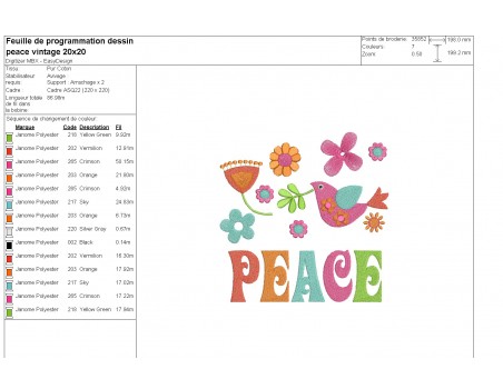 machine embroidery design  vintage flowers bird peace