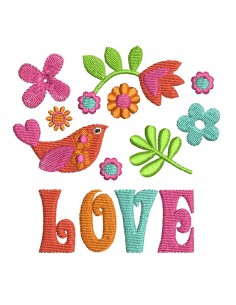 Motif de broderie machine vintage fleurs oiseau love