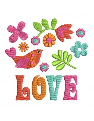 machine embroidery design  vintage flowers bird love