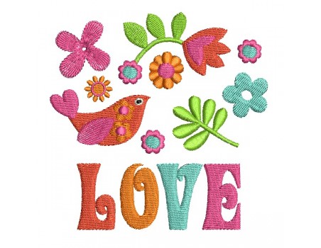 machine embroidery design  vintage flowers bird love