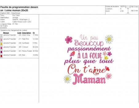 Motif de broderie machine On t'aime Maman