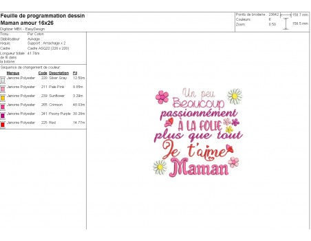 Motif de broderie machine Je t'aime Maman