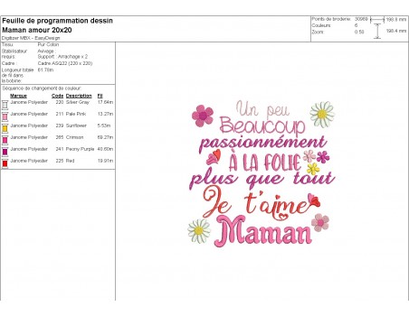 Motif de broderie machine Je t'aime Maman