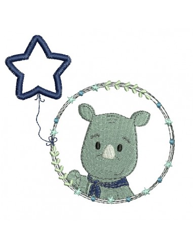 Motif de broderie machine rhinocéros garçon avec son ballon étoile en appliqué