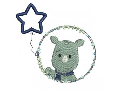 Motif de broderie machine rhinocéros garçon avec son ballon étoile en appliqué