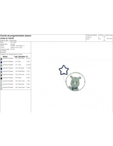 Motif de broderie machine rhinocéros garçon avec son ballon étoile en appliqué Motif de broderie machine rhinocéros garçon avec son ballon étoile en appliqué