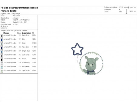 Motif de broderie machine rhinocéros garçon avec son ballon étoile en appliqué