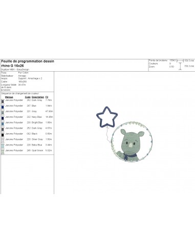 Motif de broderie machine rhinocéros garçon avec son ballon étoile en appliqué Motif de broderie machine rhinocéros garçon avec son ballon étoile en appliqué