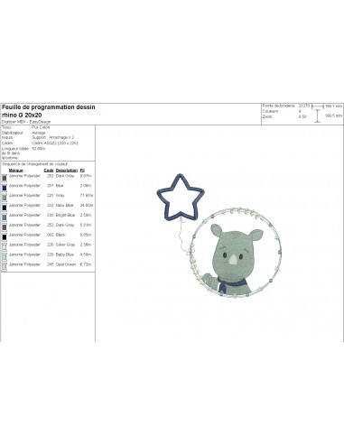 Motif de broderie machine rhinocéros garçon avec son ballon étoile en appliqué Motif de broderie machine rhinocéros garçon avec son ballon étoile en appliqué