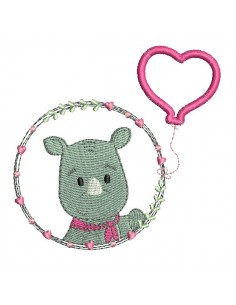 Motif de broderie machine rhinocéros fille avec son ballon coeur en appliqué