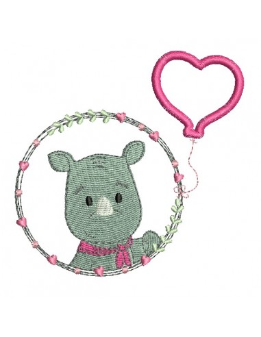 Motif de broderie machine rhinocéros fille avec son ballon coeur en appliqué