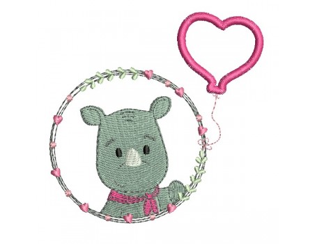 Motif de broderie machine rhinocéros fille avec son ballon coeur en appliqué